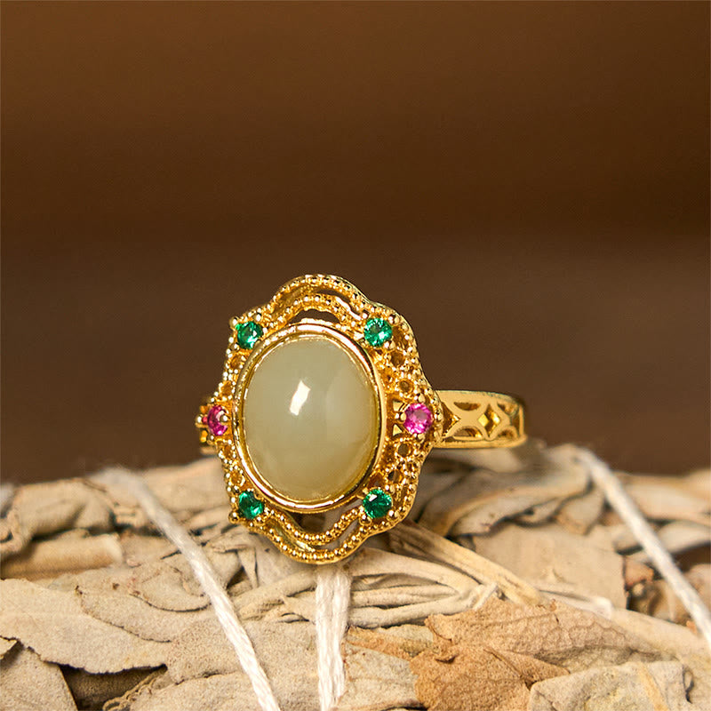 EverestArtstudios Natural Hetian Jade Egg Hollow Pattern Copper Open Luck Ring