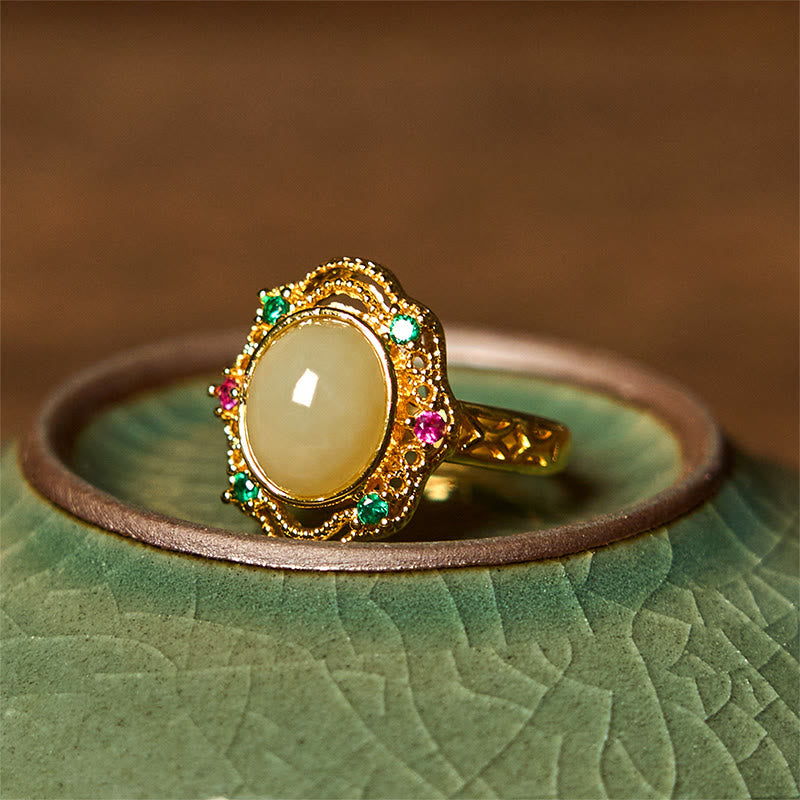 EverestArtstudios Natural Hetian Jade Egg Hollow Pattern Copper Open Luck Ring