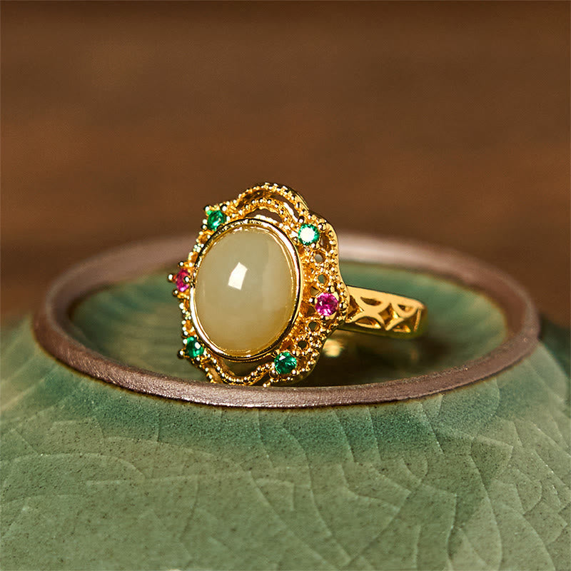 EverestArtstudios Natural Hetian Jade Egg Hollow Pattern Copper Open Luck Ring