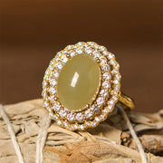 EverestArtstudios Natural Hetian Jade Egg Hollow Double Circle Zirconia Copper Open Abundance Ring
