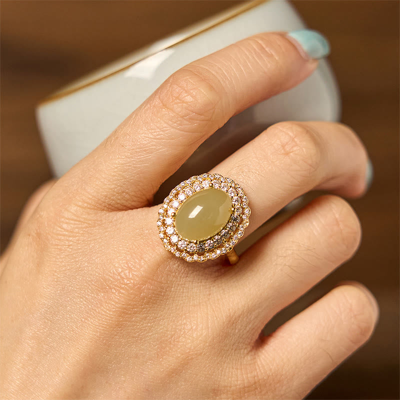 EverestArtstudios Natural Hetian Jade Egg Hollow Double Circle Zirconia Copper Open Abundance Ring