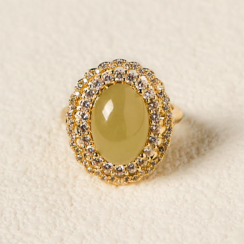 EverestArtstudios Natural Hetian Jade Egg Hollow Double Circle Zirconia Copper Open Abundance Ring