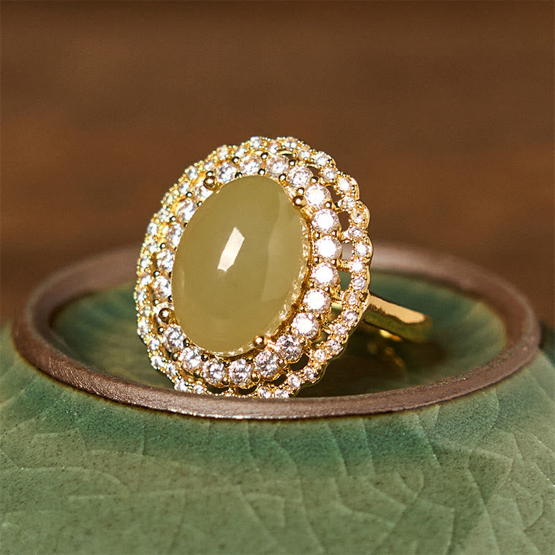 EverestArtstudios Natural Hetian Jade Egg Hollow Double Circle Zirconia Copper Open Abundance Ring