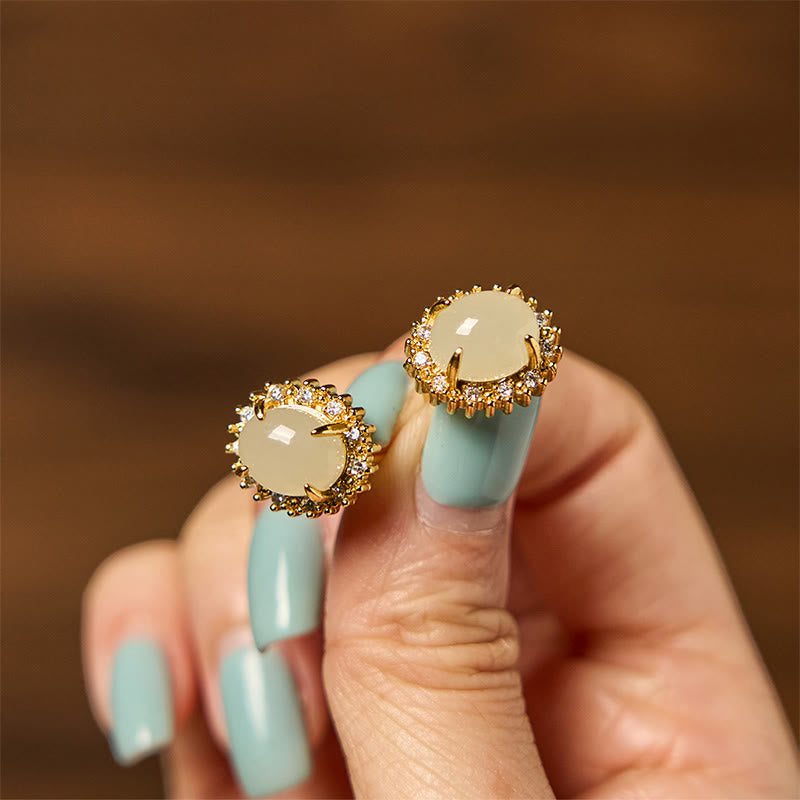 EverestArtstudios Natural Hetian Jade Egg Copper Prosperity Earrings