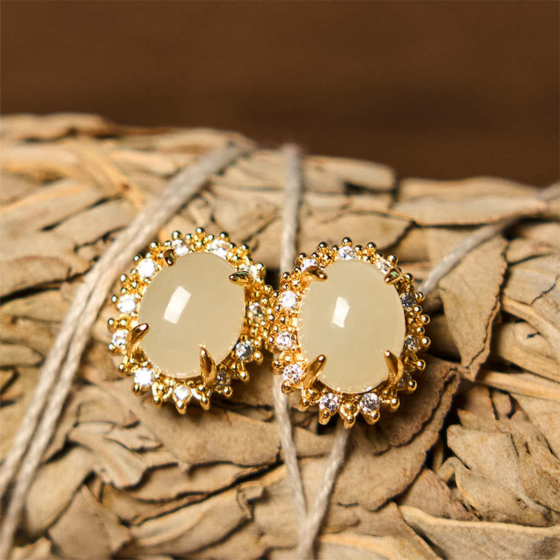 EverestArtstudios Natural Hetian Jade Egg Copper Prosperity Earrings
