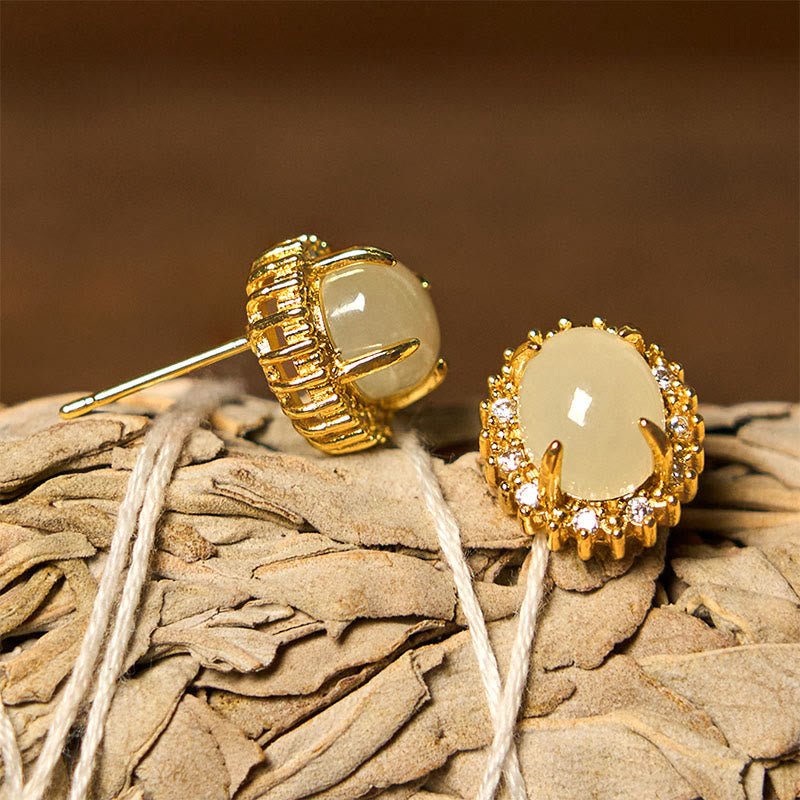 EverestArtstudios Natural Hetian Jade Egg Copper Prosperity Earrings