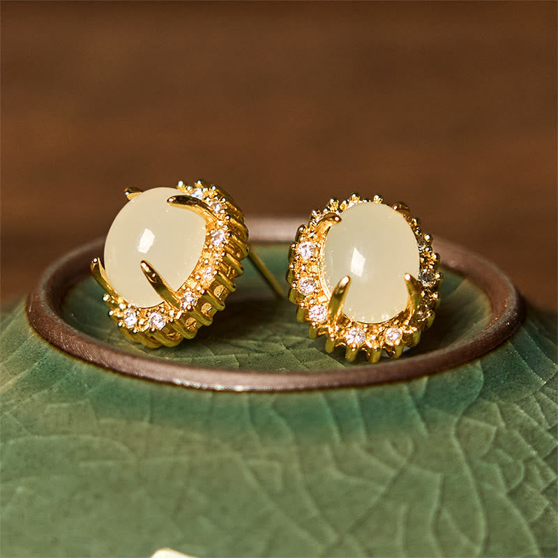 EverestArtstudios Natural Hetian Jade Egg Copper Prosperity Earrings