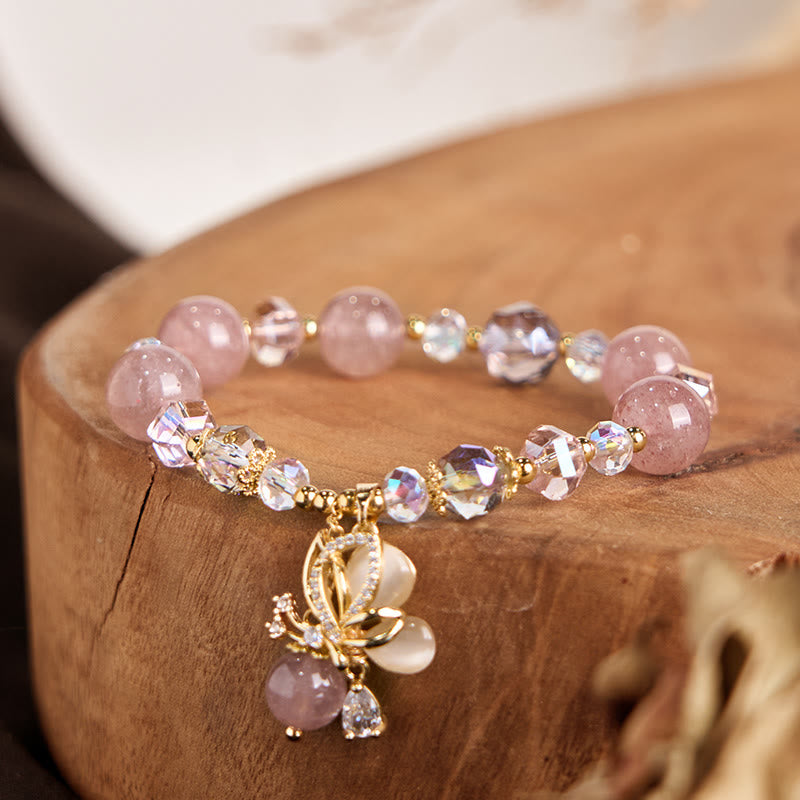 EverestArtstudios Natural Strawberry Quartz Butterfly Healing Bracelet
