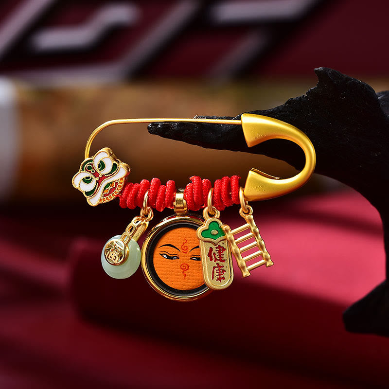 EverestArtstudios Tibetan Dancing Lion Jade Peace Buckle Fu Character Safe And Well Copper Luck Brooch