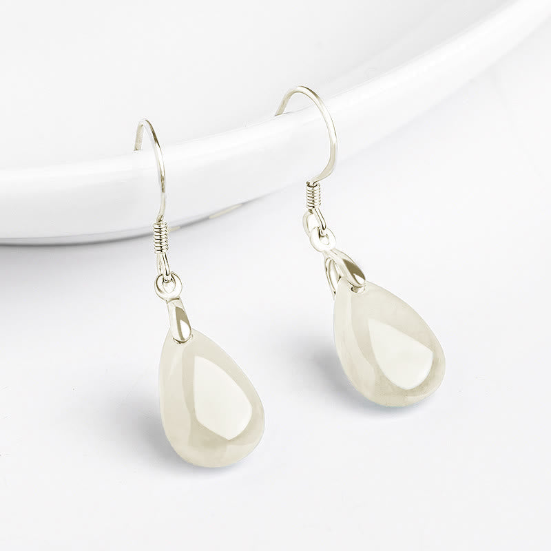 Buddha Stones 925 Sterling Silver Jade Water Drop Pattern Luck Prosperity Dangle Earrings