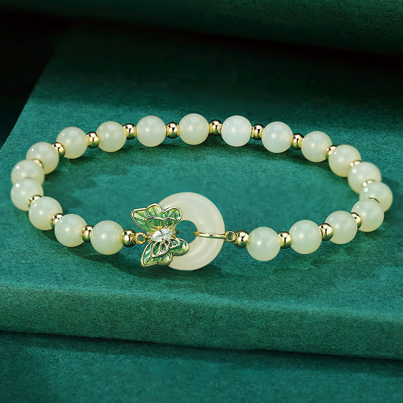 Buddha Stones 925 Sterling Silver Natural Hetian Jade Peace Buckle Butterfly Zircon Luck Bracelet Necklace Pendant