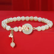 Buddha Stones 925 Sterling Silver Natural Hetian Jade Peach Blossom Peace Buckle Zircon Luck Bracelet Necklace Pendant