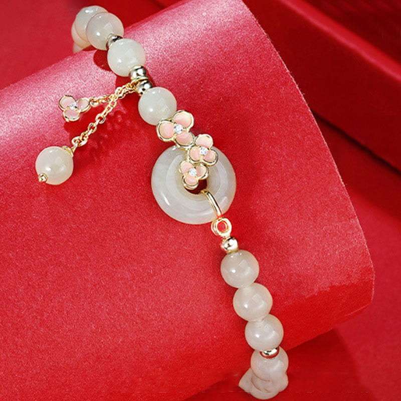 EverestArtstudios 925 Sterling Silver Natural Hetian Jade Peach Blossom Peace Buckle Zircon Luck Bracelet Necklace Pendant