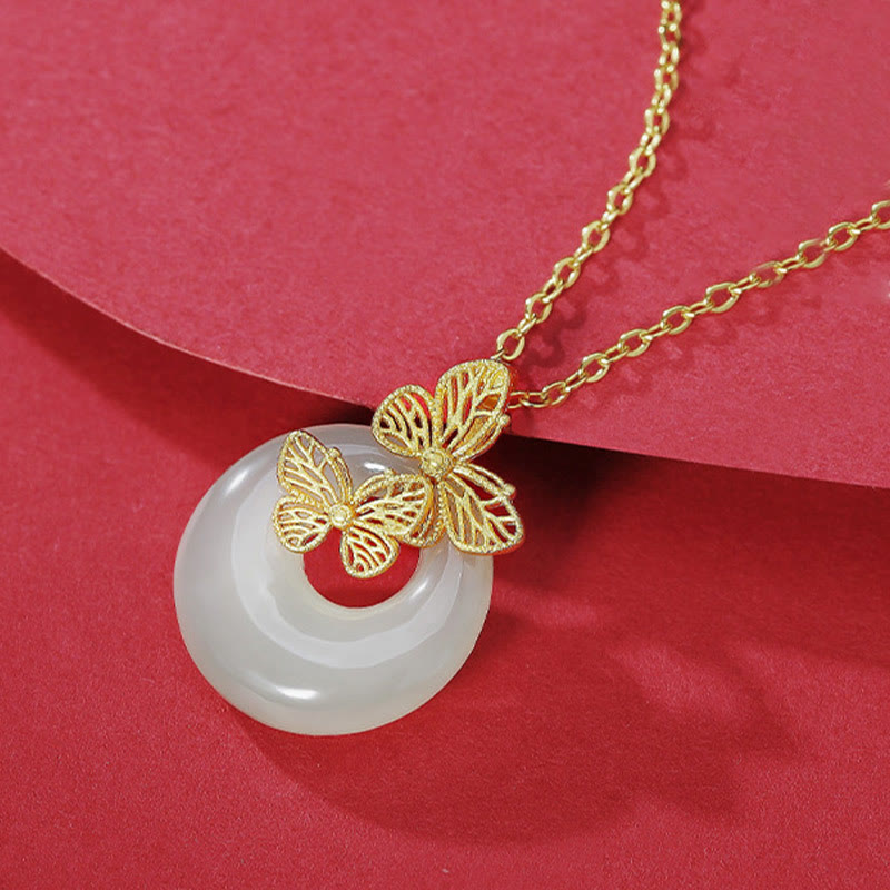EverestArtstudios 925 Sterling Silver Natural Hetian Jade Butterfly Prosperity Necklace Pendant