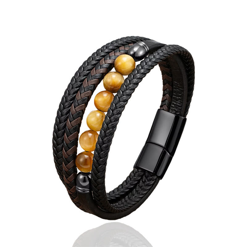 Buddha Stones Tiger Eye Lava Rock Black Onyx Lazurite Lapis Lazuli Hematite Bead Positive Leather Bracelet