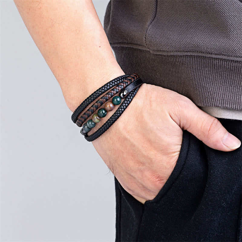 Buddha Stones Tiger Eye Lava Rock Black Onyx Lazurite Lapis Lazuli Hematite Bead Positive Leather Bracelet