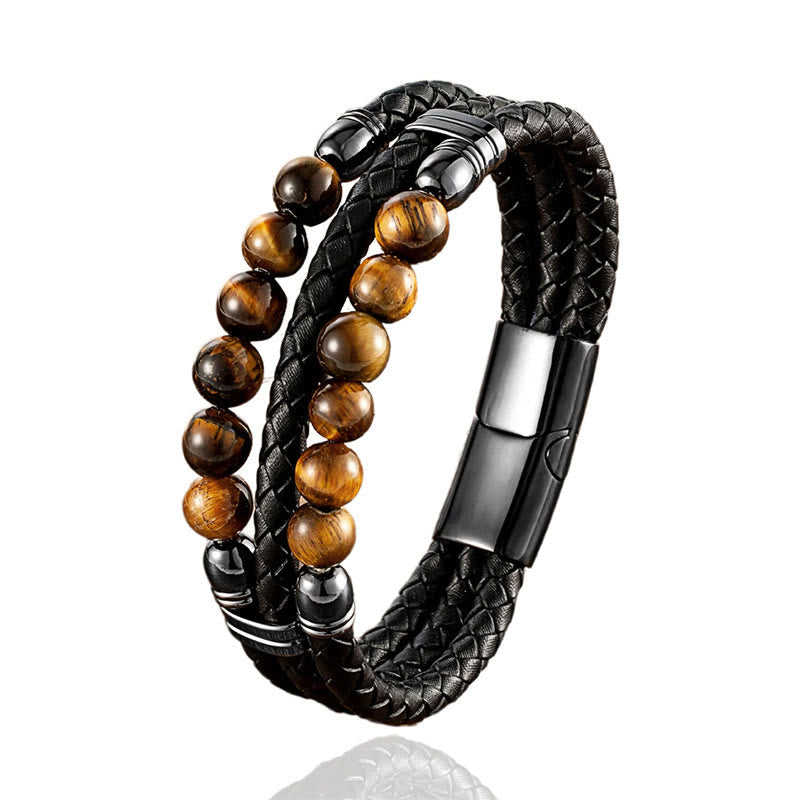 Buddha Stones Tiger Eye Hematite Lava Rock Black Onyx Lazurite Lapis Lazuli Beads Protection Strength Leather Bracelet
