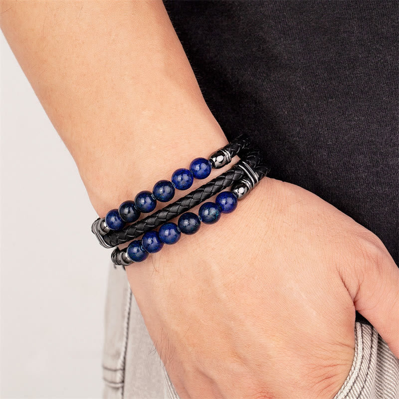 Buddha Stones Tiger Eye Hematite Lava Rock Black Onyx Lazurite Lapis Lazuli Beads Protection Strength Leather Bracelet