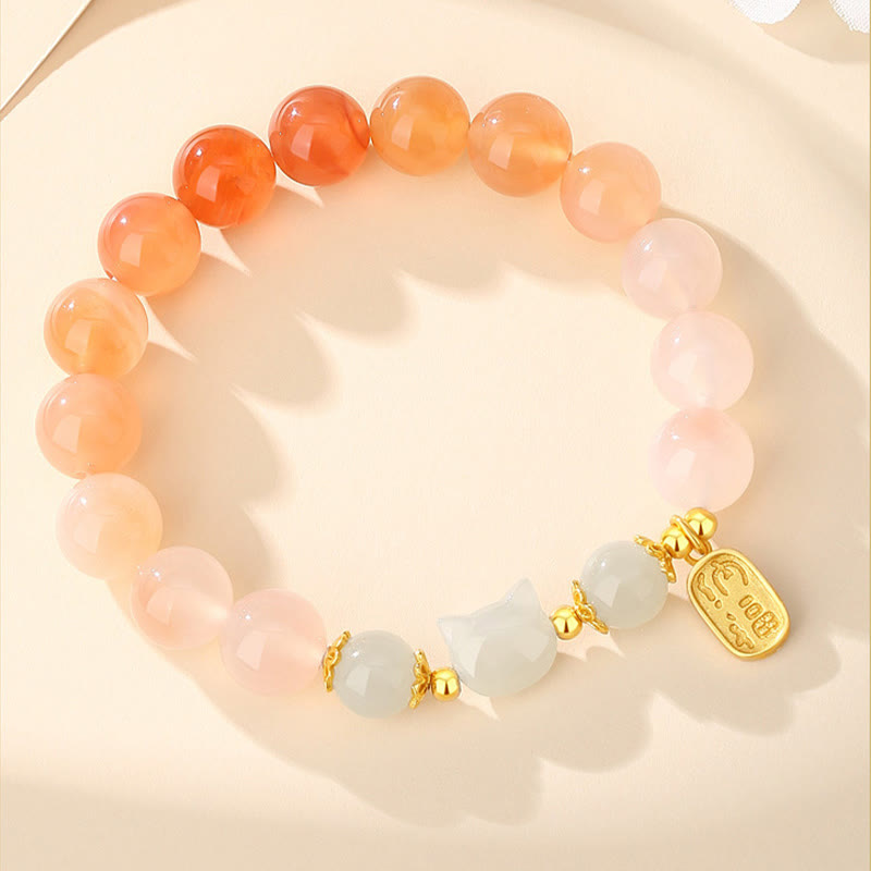 EverestArtstudios 925 Sterling Silver Red Agate Hetian Jade Cat Fu Character Confidence Bracelet