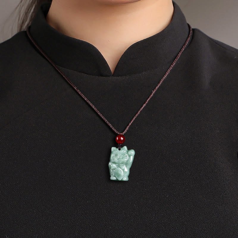 EverestArtstudios Lucky Cat Jade Abundance Necklace Pendant