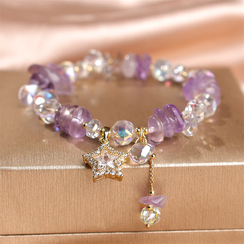 EverestArtstudios Natural Amethyst Crystal Star Charm Positive Transformation Bracelet