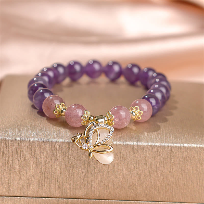 EverestArtstudios Natural Amethyst Strawberry Quartz Crystal Healing Butterfly Charm Bracelet