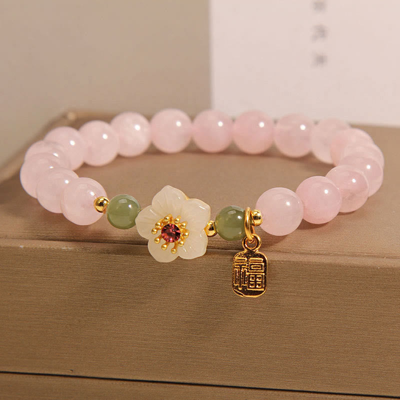 EverestArtstudios Rose Quartz Peach Blossom Hetian Jade Fu Character Relationships Healing Bracelet