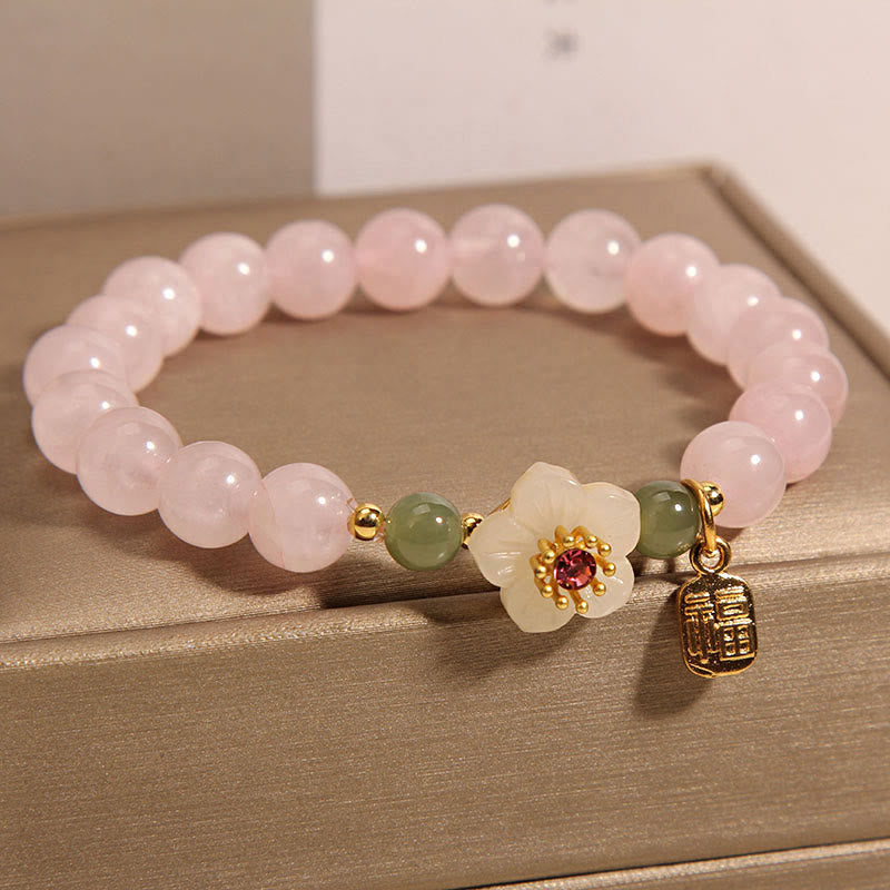 EverestArtstudios Rose Quartz Peach Blossom Hetian Jade Fu Character Relationships Healing Bracelet