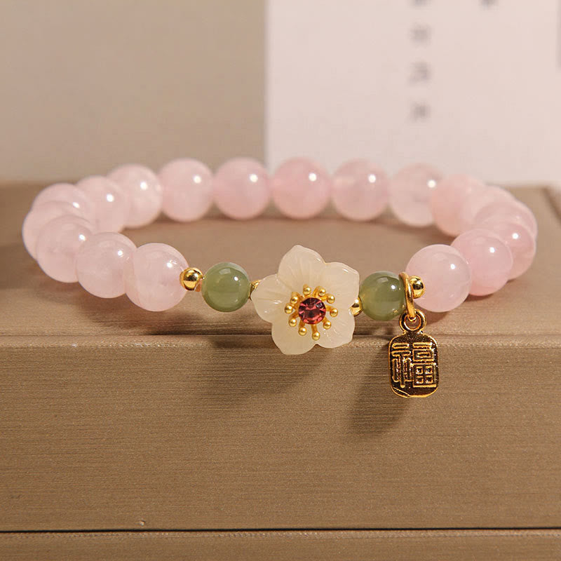 EverestArtstudios Rose Quartz Peach Blossom Hetian Jade Fu Character Relationships Healing Bracelet