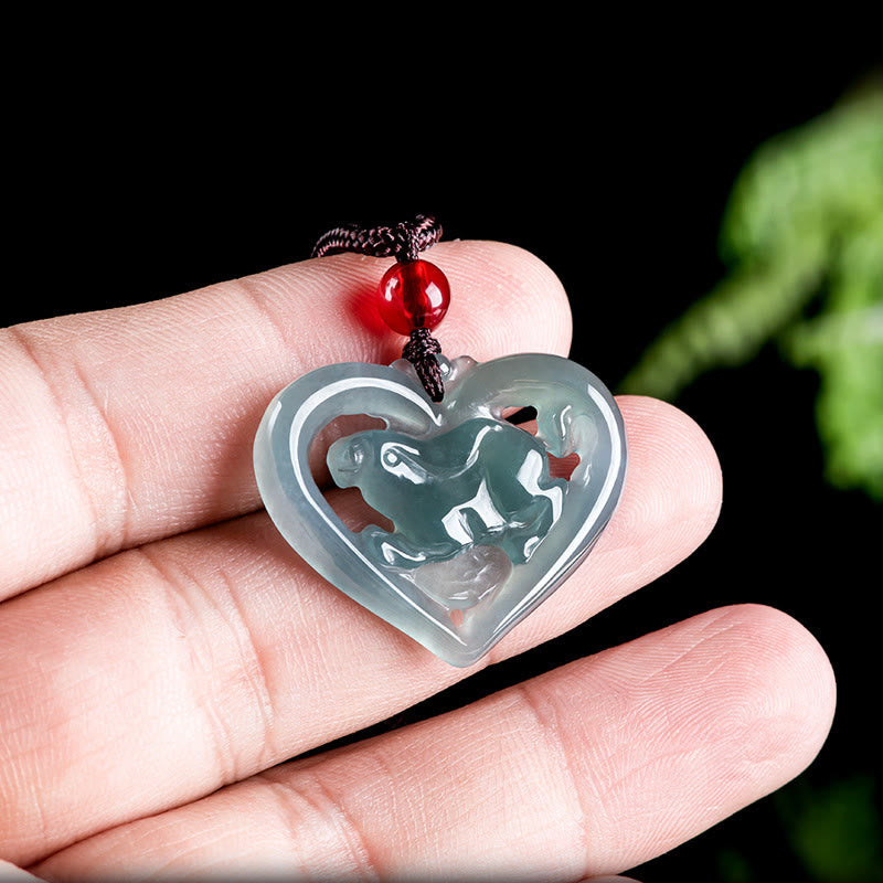 EverestArtstudios Natural Jade Love Heart Rabbit Luck Necklace Pendant