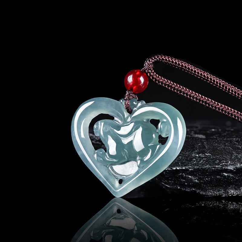 EverestArtstudios Natural Jade Love Heart Rabbit Luck Necklace Pendant