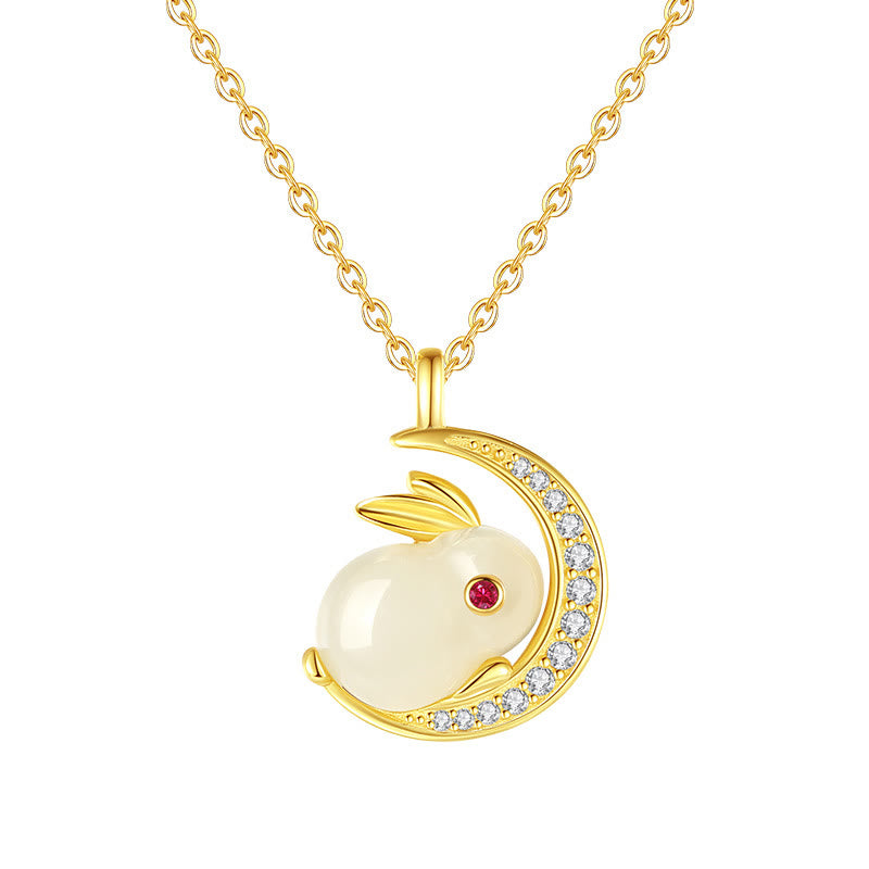 EverestArtstudios 925 Sterling Silver Hetian White Jade Rabbit Crescent Moon Luck Necklace Pendant