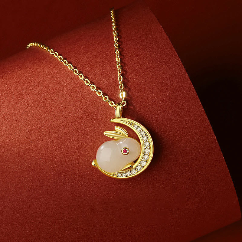 EverestArtstudios 925 Sterling Silver Hetian White Jade Rabbit Crescent Moon Luck Necklace Pendant