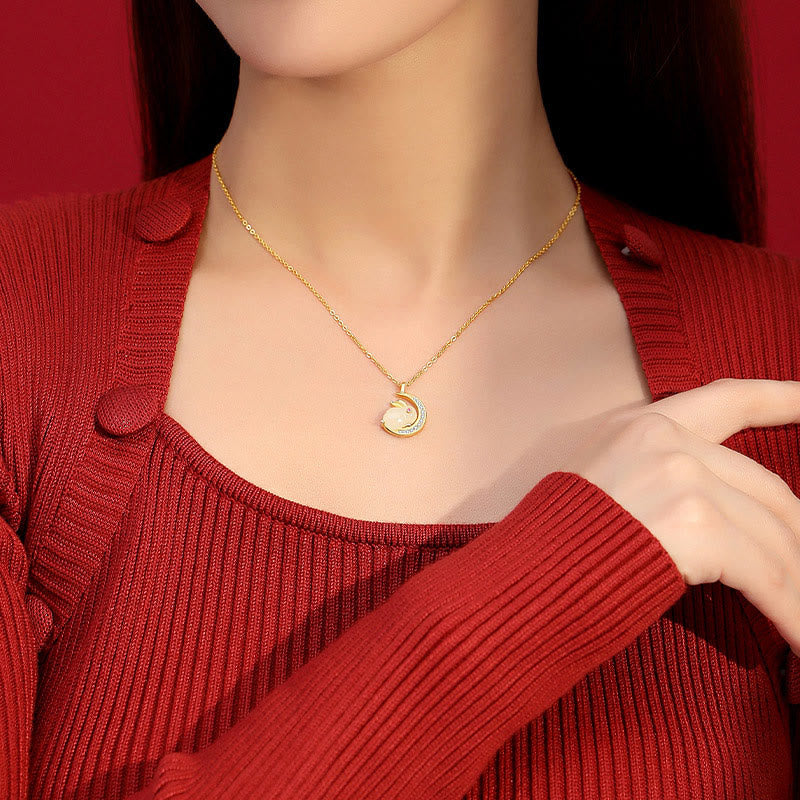 EverestArtstudios 925 Sterling Silver Hetian White Jade Rabbit Crescent Moon Luck Necklace Pendant
