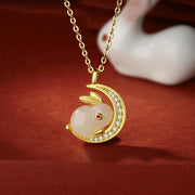 EverestArtstudios 925 Sterling Silver Hetian White Jade Rabbit Crescent Moon Luck Necklace Pendant