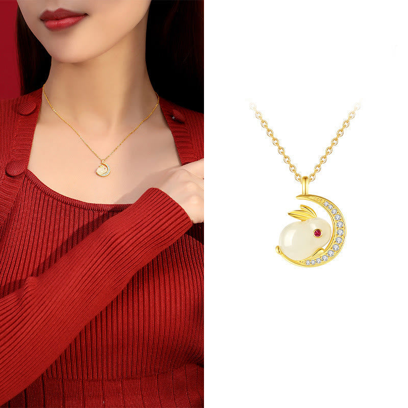 EverestArtstudios 925 Sterling Silver Hetian White Jade Rabbit Crescent Moon Luck Necklace Pendant