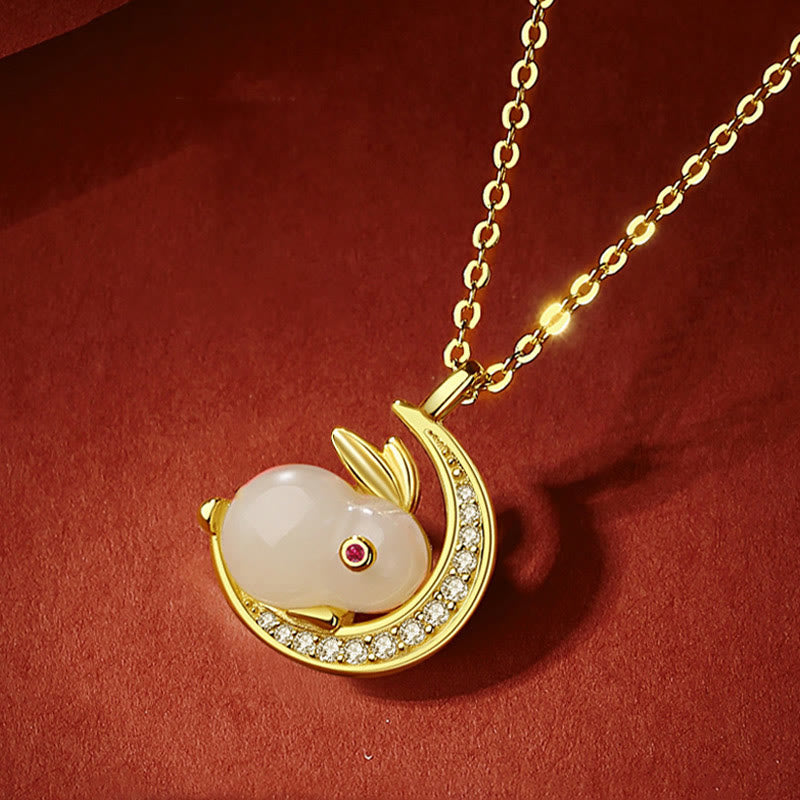 EverestArtstudios 925 Sterling Silver Hetian White Jade Rabbit Crescent Moon Luck Necklace Pendant