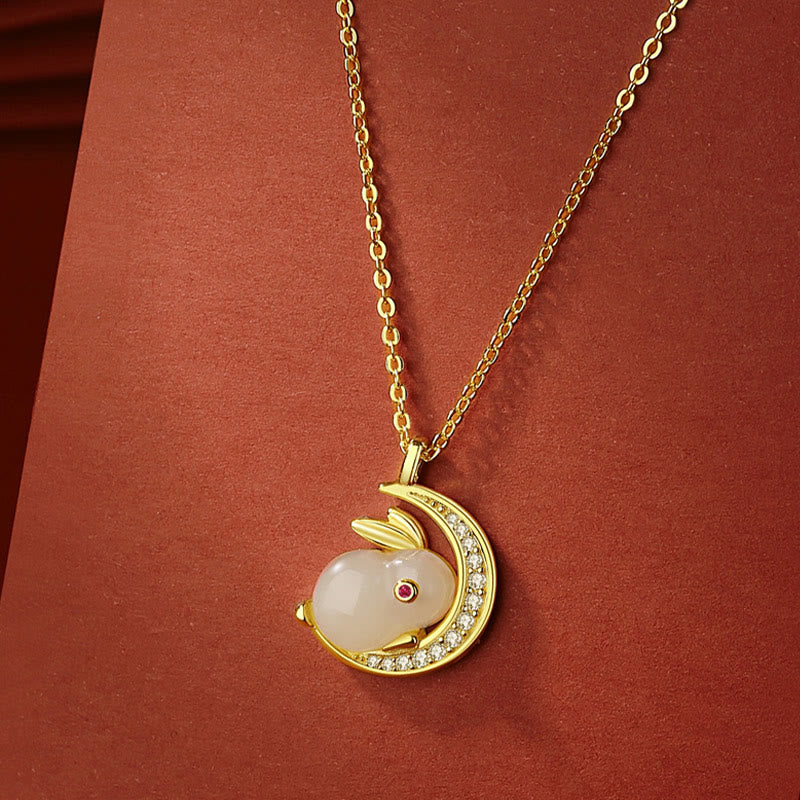 EverestArtstudios 925 Sterling Silver Hetian White Jade Rabbit Crescent Moon Luck Necklace Pendant