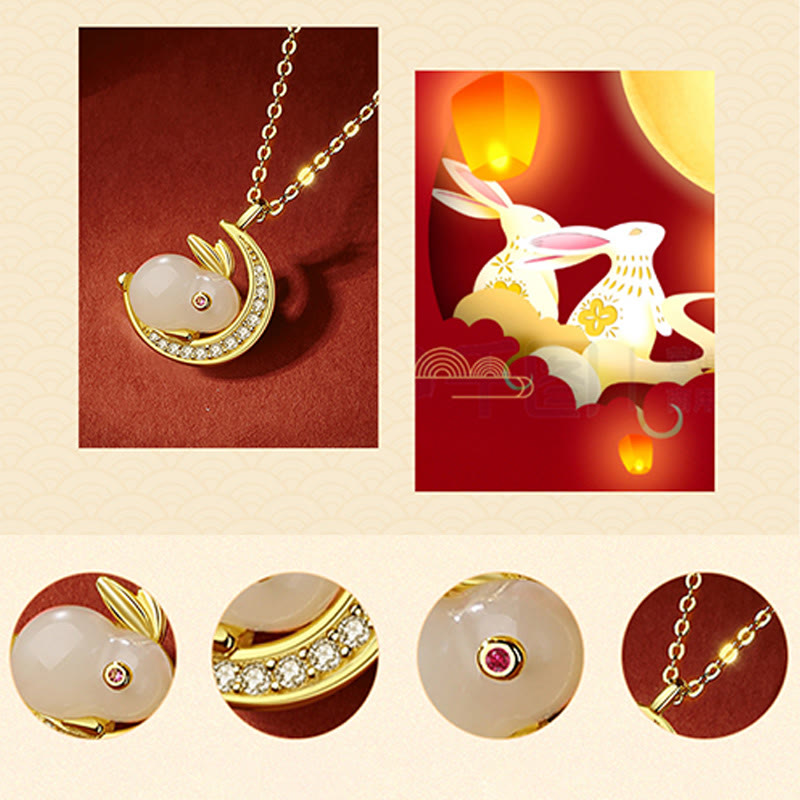 EverestArtstudios 925 Sterling Silver Hetian White Jade Rabbit Crescent Moon Luck Necklace Pendant