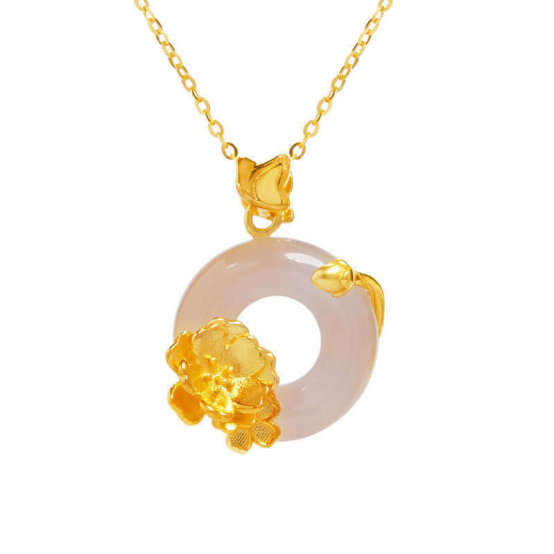 EverestArtstudios Natural 925 Sterling Silver White Chalcedony Peace Buckle Peach Blossom Butterfly Positive Necklace Pendant