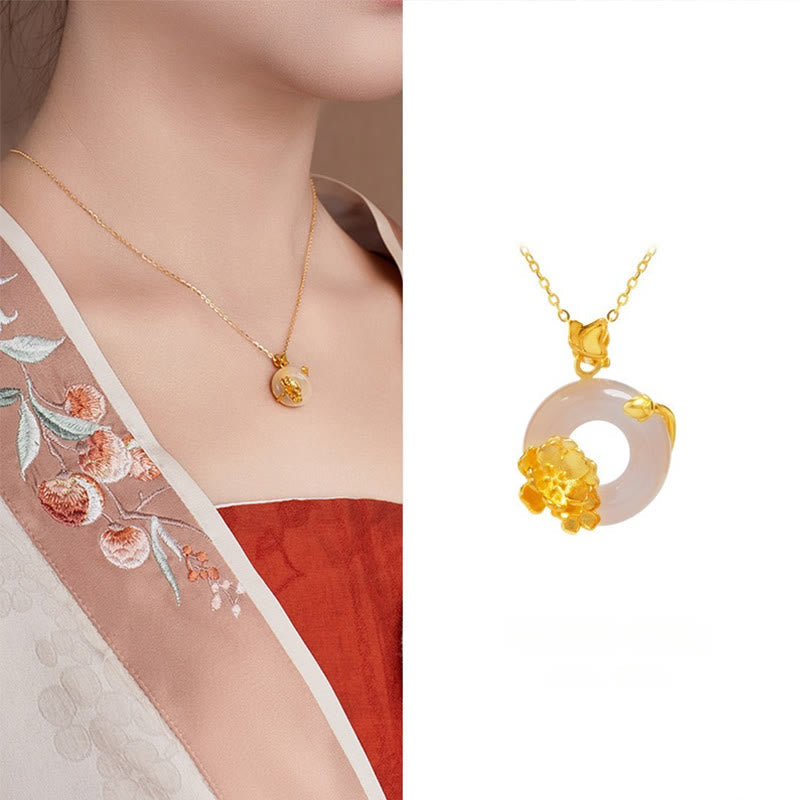 EverestArtstudios Natural 925 Sterling Silver White Chalcedony Peace Buckle Peach Blossom Butterfly Positive Necklace Pendant