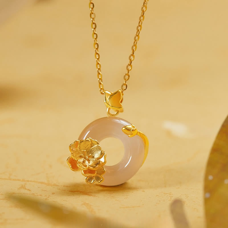 EverestArtstudios Natural 925 Sterling Silver White Chalcedony Peace Buckle Peach Blossom Butterfly Positive Necklace Pendant