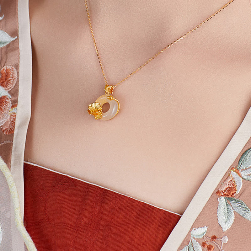 EverestArtstudios Natural 925 Sterling Silver White Chalcedony Peace Buckle Peach Blossom Butterfly Positive Necklace Pendant