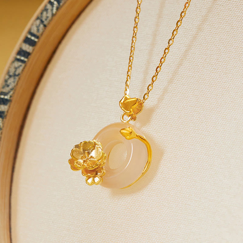 EverestArtstudios Natural 925 Sterling Silver White Chalcedony Peace Buckle Peach Blossom Butterfly Positive Necklace Pendant