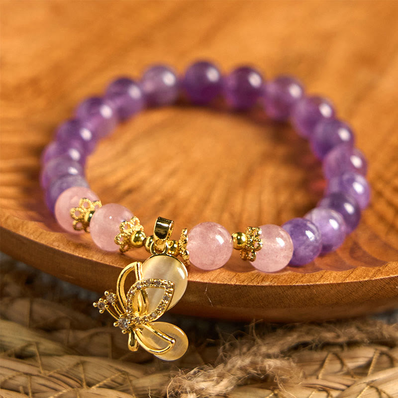 EverestArtstudios Natural Amethyst Strawberry Quartz Crystal Healing Butterfly Charm Bracelet