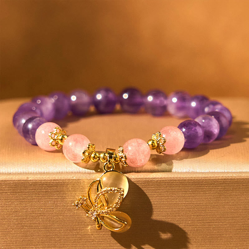 EverestArtstudios Natural Amethyst Strawberry Quartz Crystal Healing Butterfly Charm Bracelet