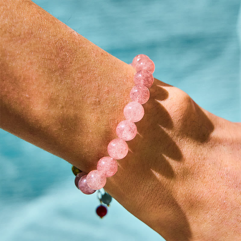 EverestArtstudios Strawberry Quartz Jade Fu Character Charm Healing Bracelet
