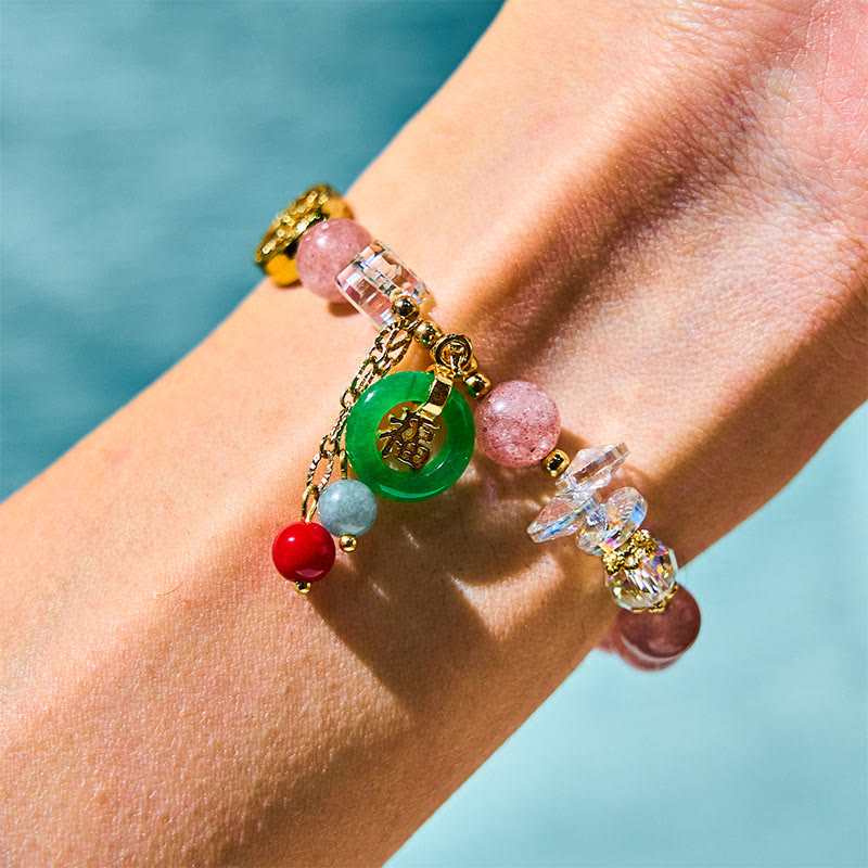 EverestArtstudios Strawberry Quartz Jade Fu Character Charm Healing Bracelet