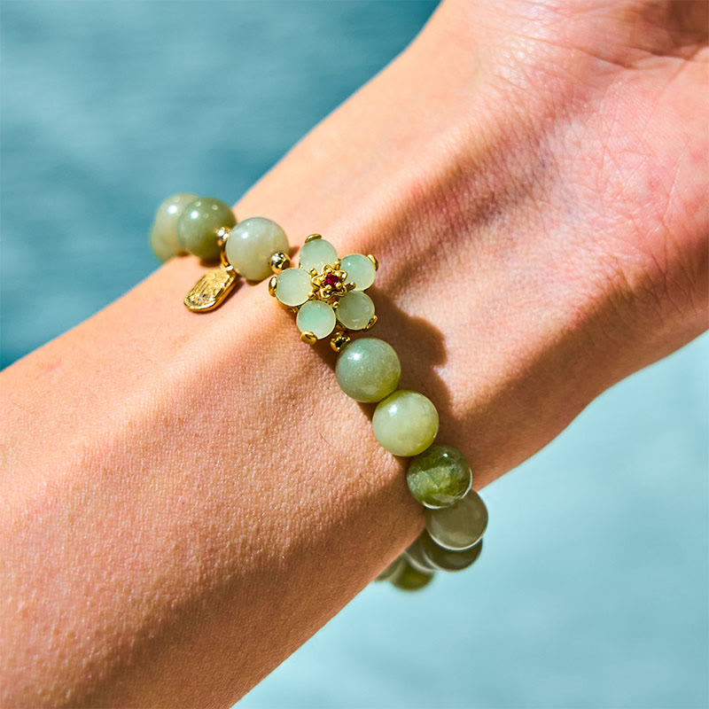 EverestArtstudios Green Jade Flower Fu Character Charm Luck Bracelet