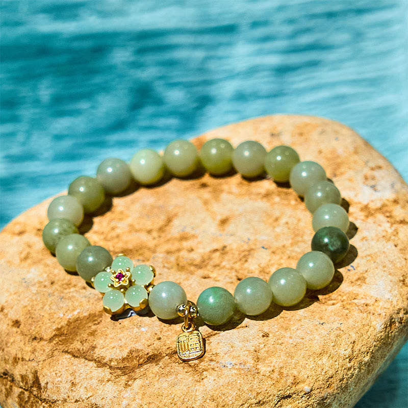 EverestArtstudios Green Jade Flower Fu Character Charm Luck Bracelet